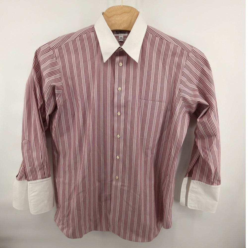 Paul Fredrick Men's Maroon Stripe Dress Shirt 16.5-33 Contrast Collar & Cuffs